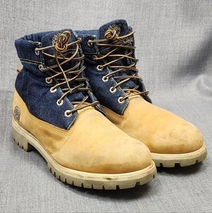 Timberland Leather Boots With Denim Top.  11.5
